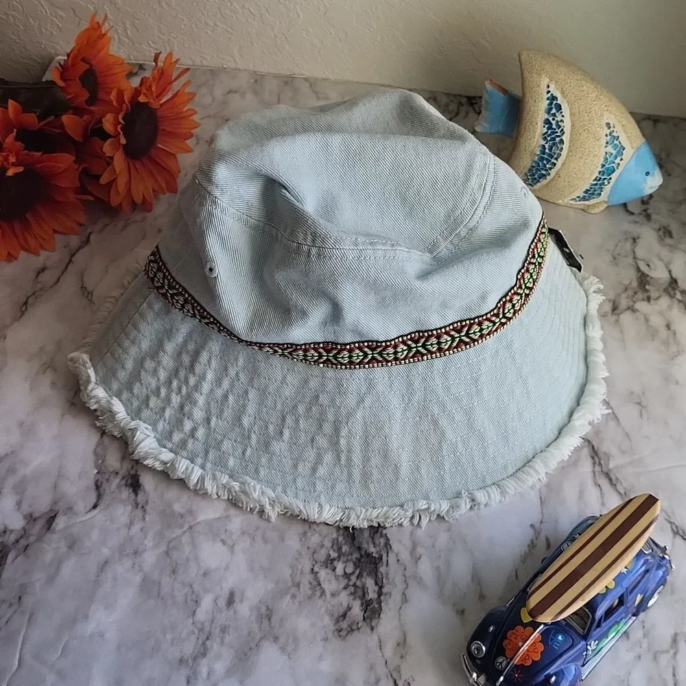 Light Blue Denim Bucket Hat Patterned Band Summer Fashion Hat